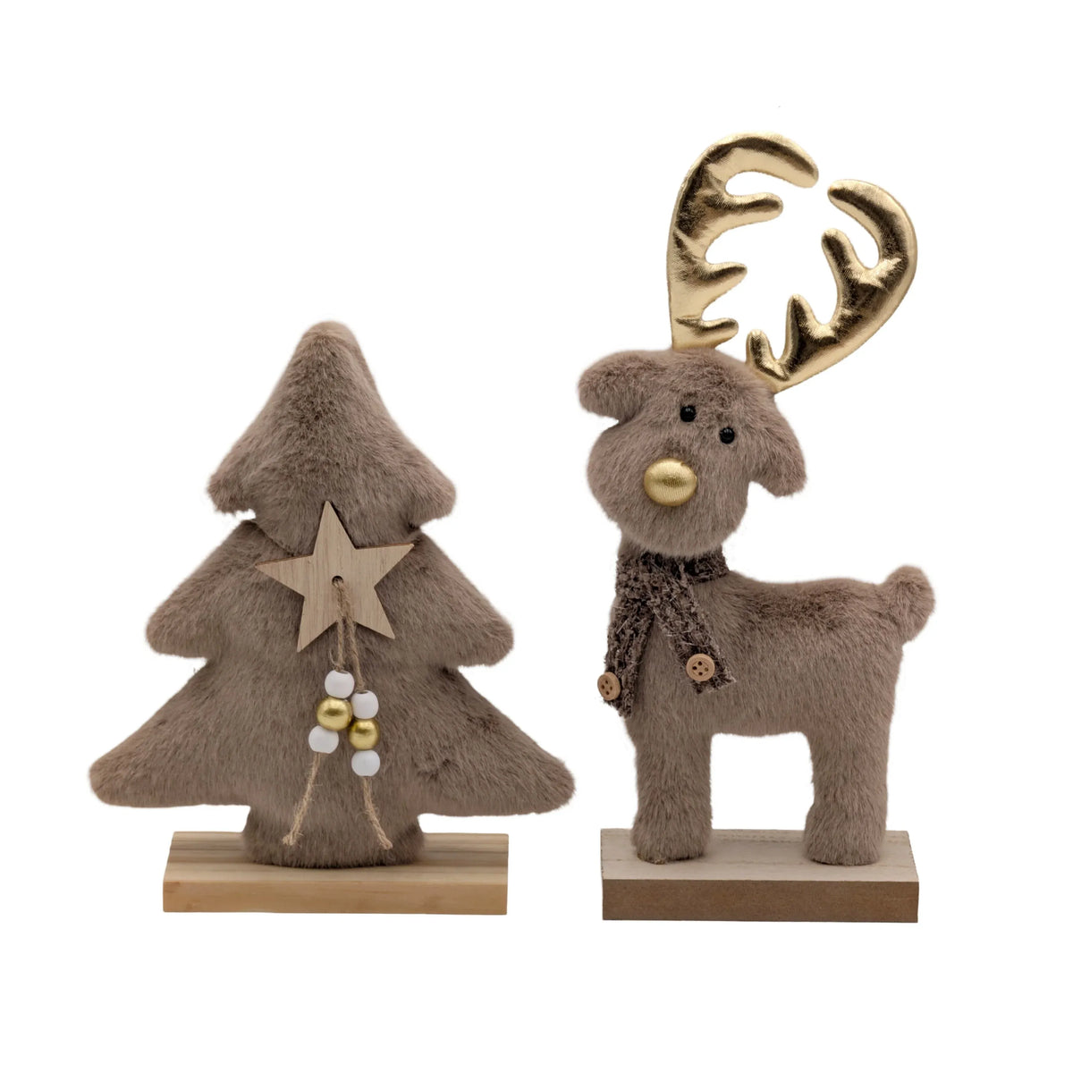 Xmas Fabric Tree &amp; Reindeeer 17x5x21.5cm 12x5x25cm 2 Asst