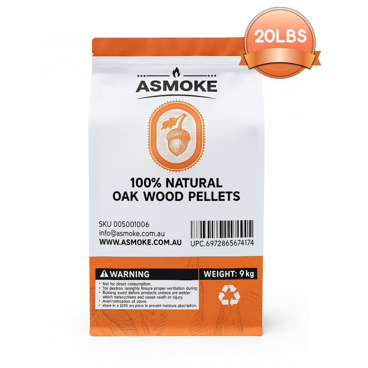 ASMOKE 100% Natural Premium Oak Wood BBQ Pellets for Smoker &amp; Grill (9kg / 20lbs)