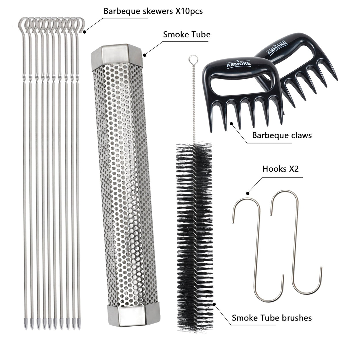 Asmoke BBQ Set (Includes Two Meat Claws, a Pellet Smoker Tube and Metal Skewers)