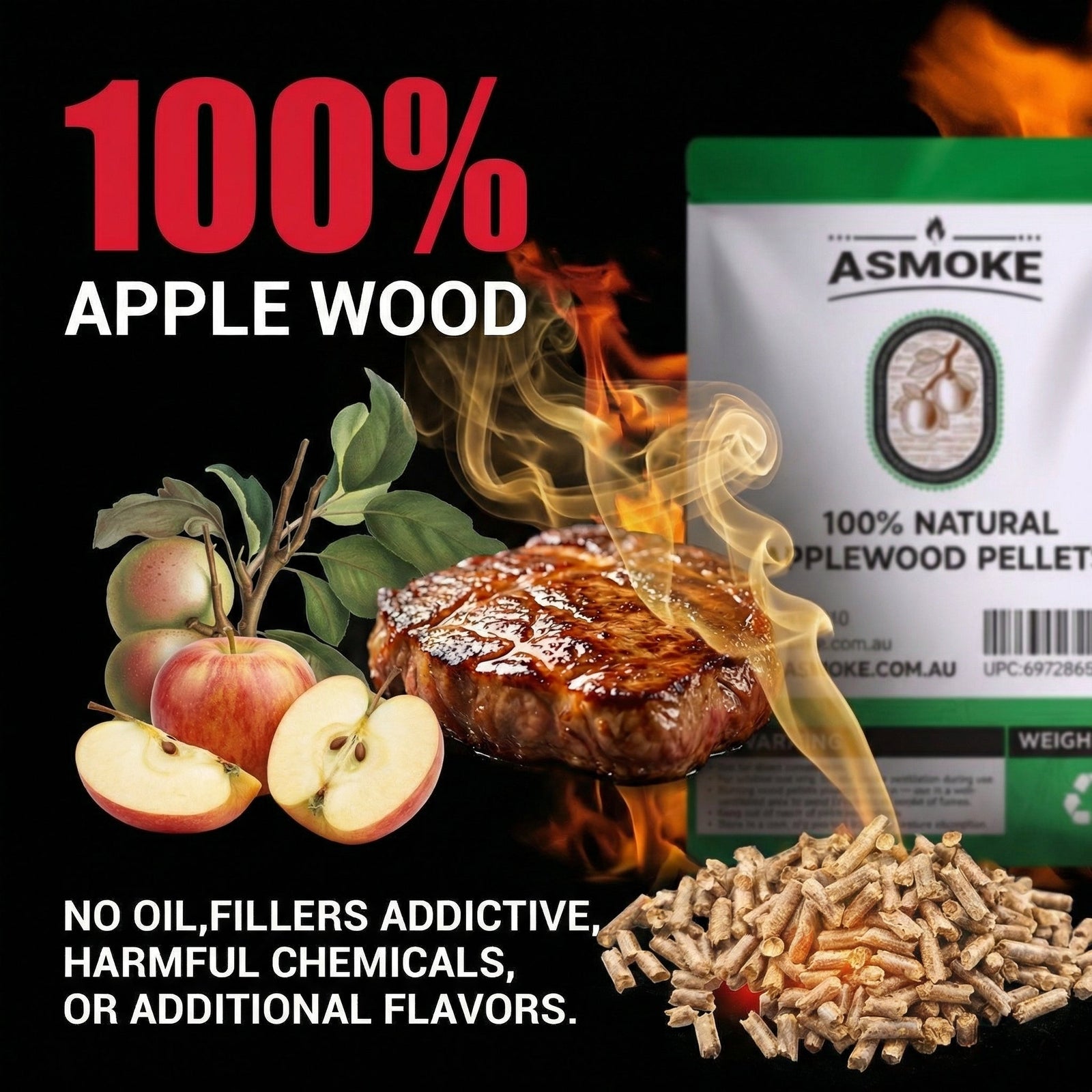 ASMOKE 19kg (40lbs) Premium Apple Wood BBQ Smoker Pellets Bulk Bundle (8 x 2.27kg Bags)