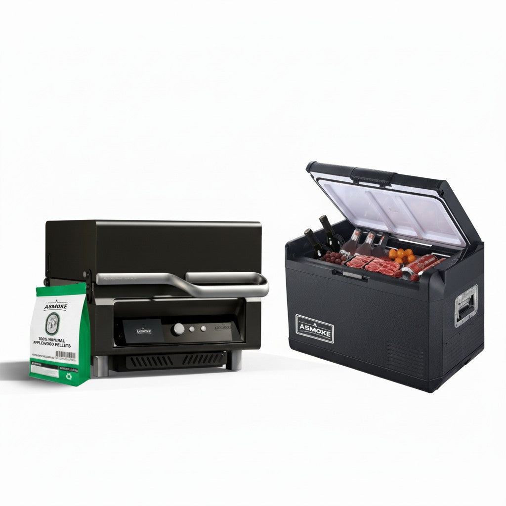 ASMOKE Essential Portable Wood Pellet Grill &amp; 47L Mini Fridge Bundle + 5lb Apple Wood Pellets