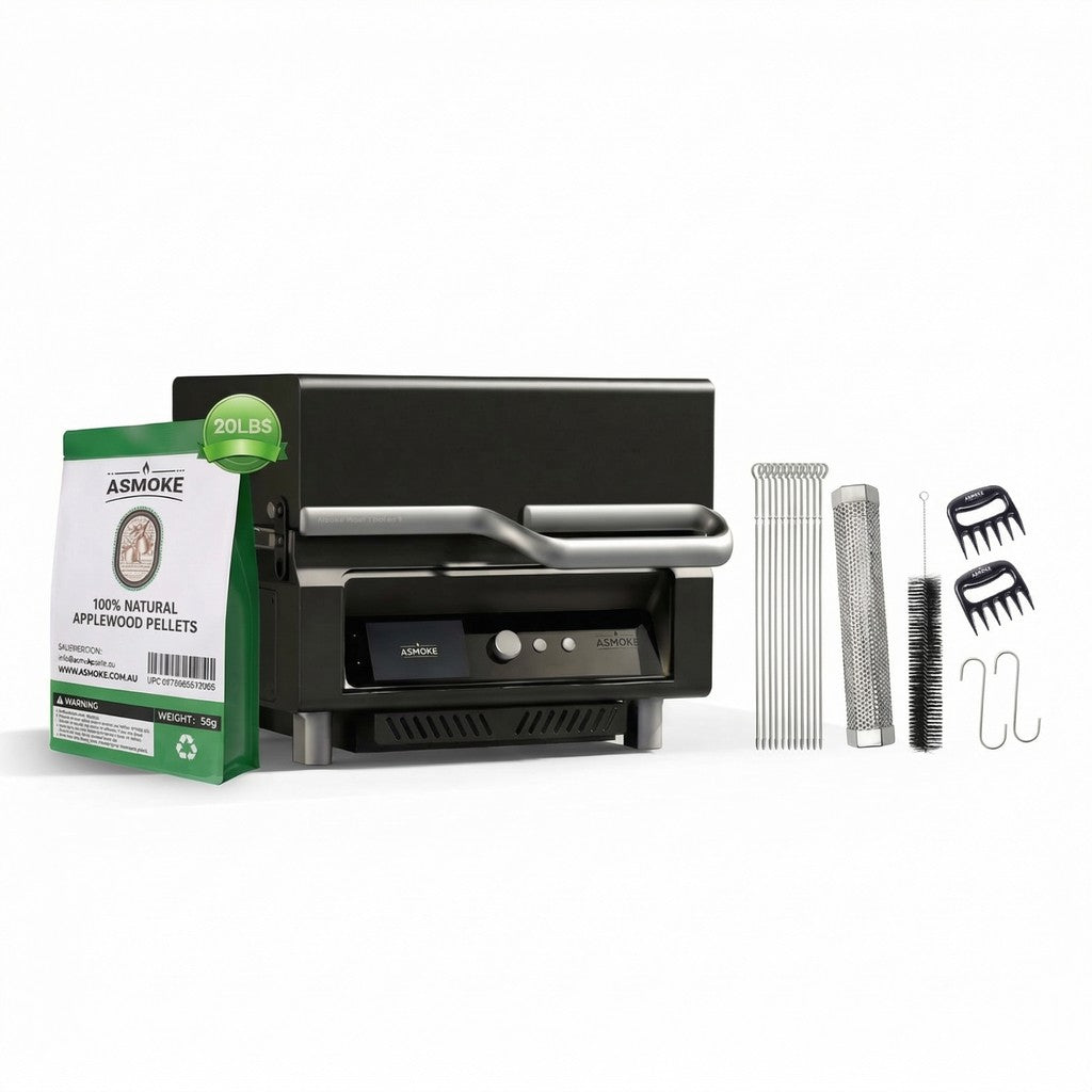 ASMOKE Essential Smart Portable Wood Pellet Grill &amp; Pitmaster Accessory Bundle - Includes 10x Skewers, Heavy-Duty Meat Claws, Smoke Tube &amp; 20lb Applewood Pellets