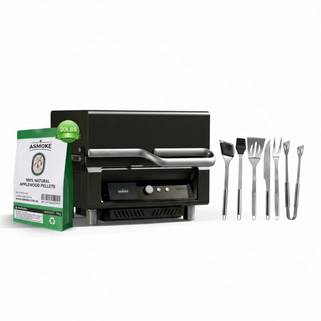 ASMOKE Essential Portable Smart Wood Pellet Grill Smoker &amp; 6pc BBQ Tool Set + 20lb Applewood Pellets Bundle