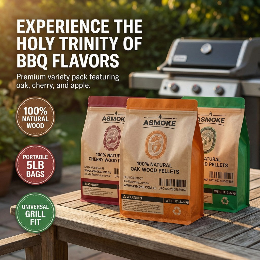 ASMOKE 3-Piece Premium Wood Pellet Variety Pack - Oak, Cherry & Apple (3 x 2.27kg Bags)
