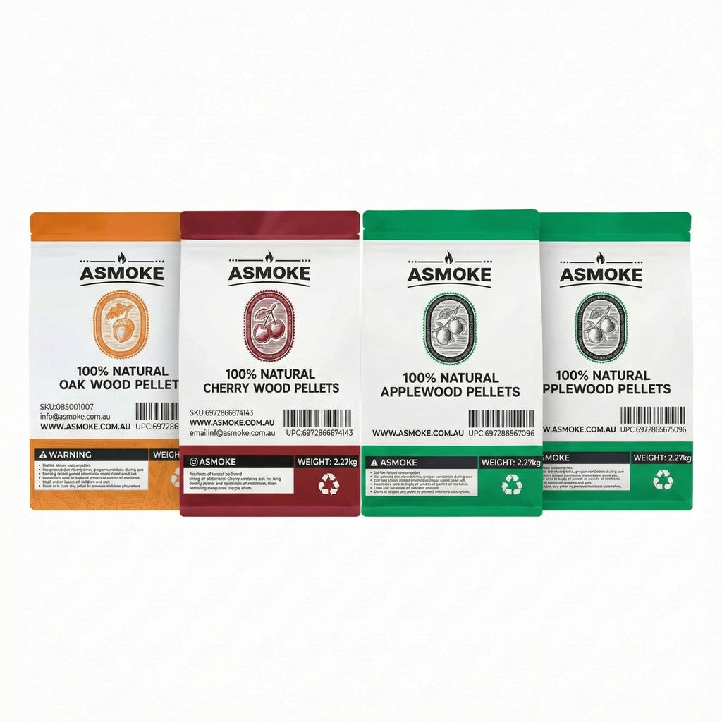 ASMOKE 4-Piece Premium Wood Pellet Variety Pack - Oak, Cherry &amp; 2x Apple (4 x 2.27kg Bags)