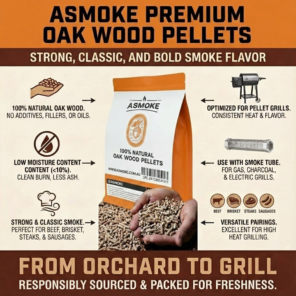ASMOKE 19kg (40lbs) Premium Oak Wood BBQ Smoker Pellets Bulk Bundle (8 x 2.27kg Bags)
