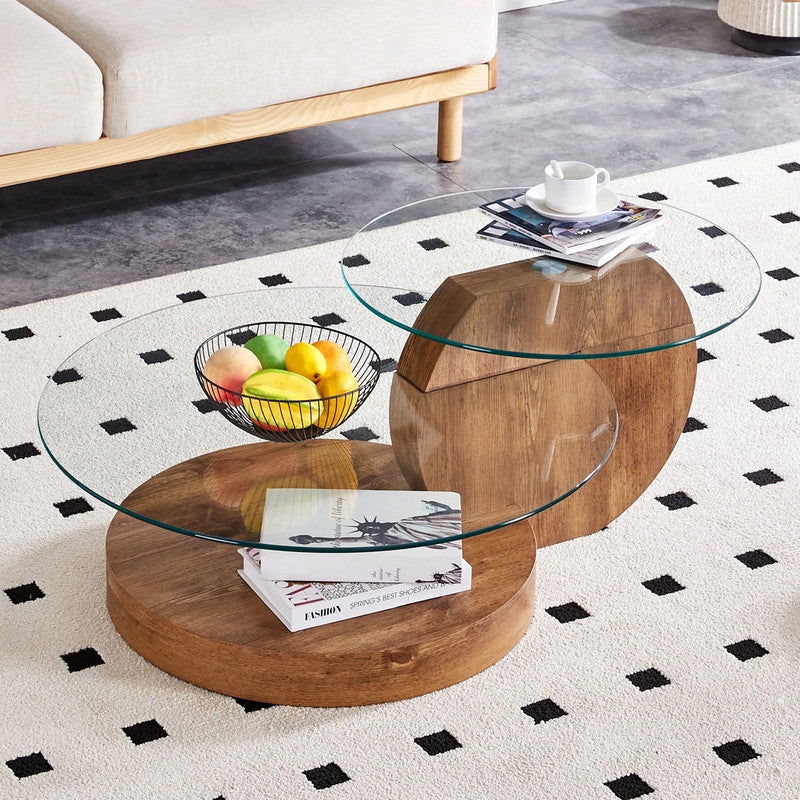 &#39;MINORI&#39; Double Layer Clear Tempered Glass Dark Wood Grain Coffee Table