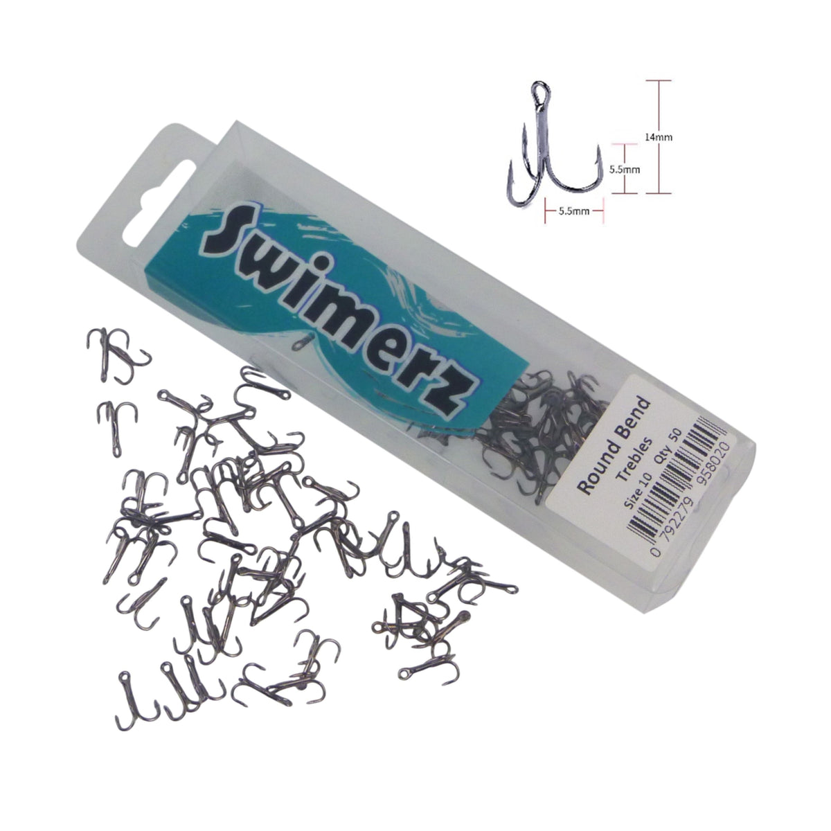 Swimerz Round Bend Trebles Size 10, 50 pack