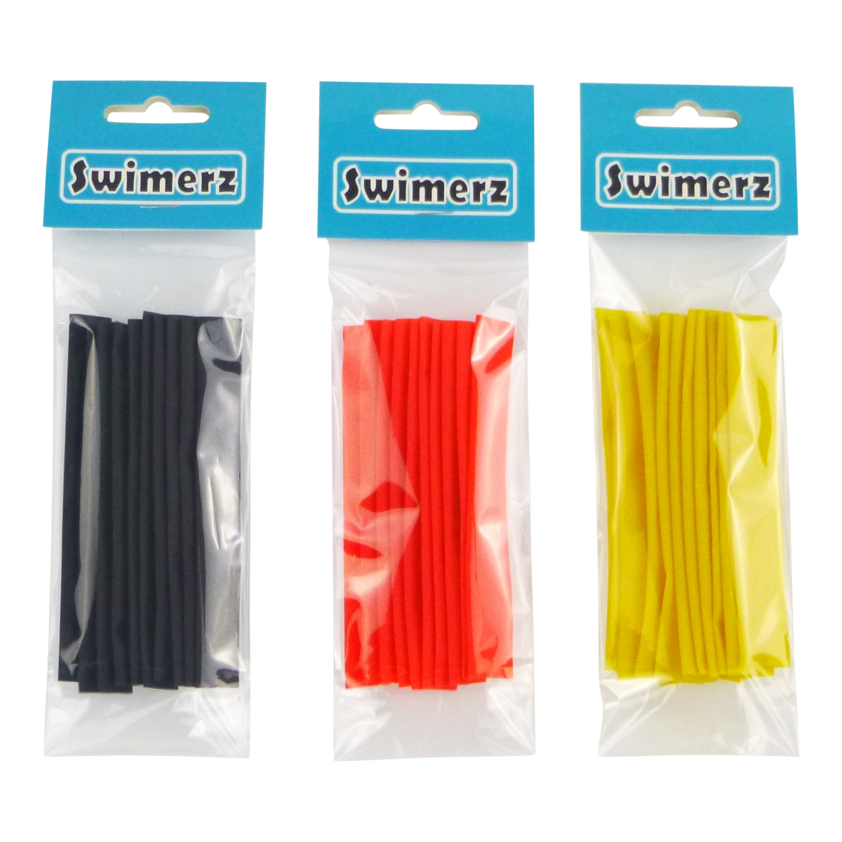 Swimerz Assist Hook Sleeves, 8/10mm Shrink Tube, Black, Yellow &amp; Red, 100mm. Qty 30.