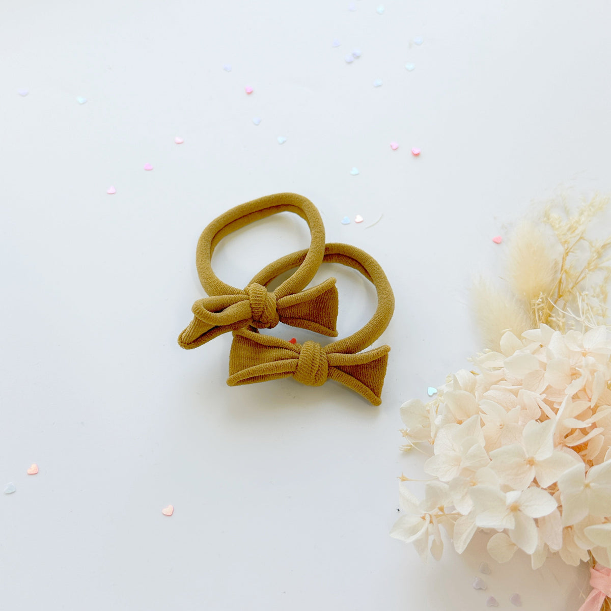 Handmade Simple Bow metal free hair ties -Mustard - 1 Pairs - Maroon