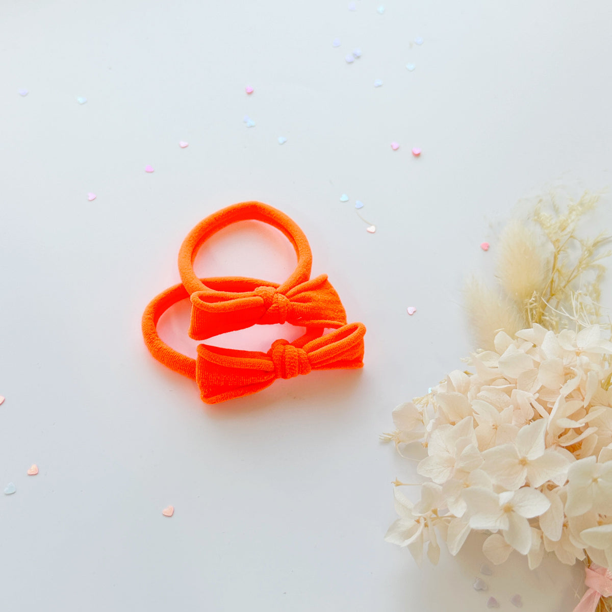 Handmade Simple Bow metal free hair ties - Neon - 1 Pairs - Neon Orange