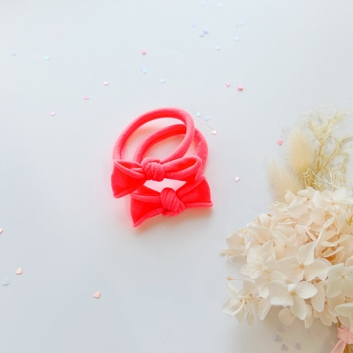 Handmade Simple Bow metal free hair ties - Neon - 1 Pairs - Neon Pink