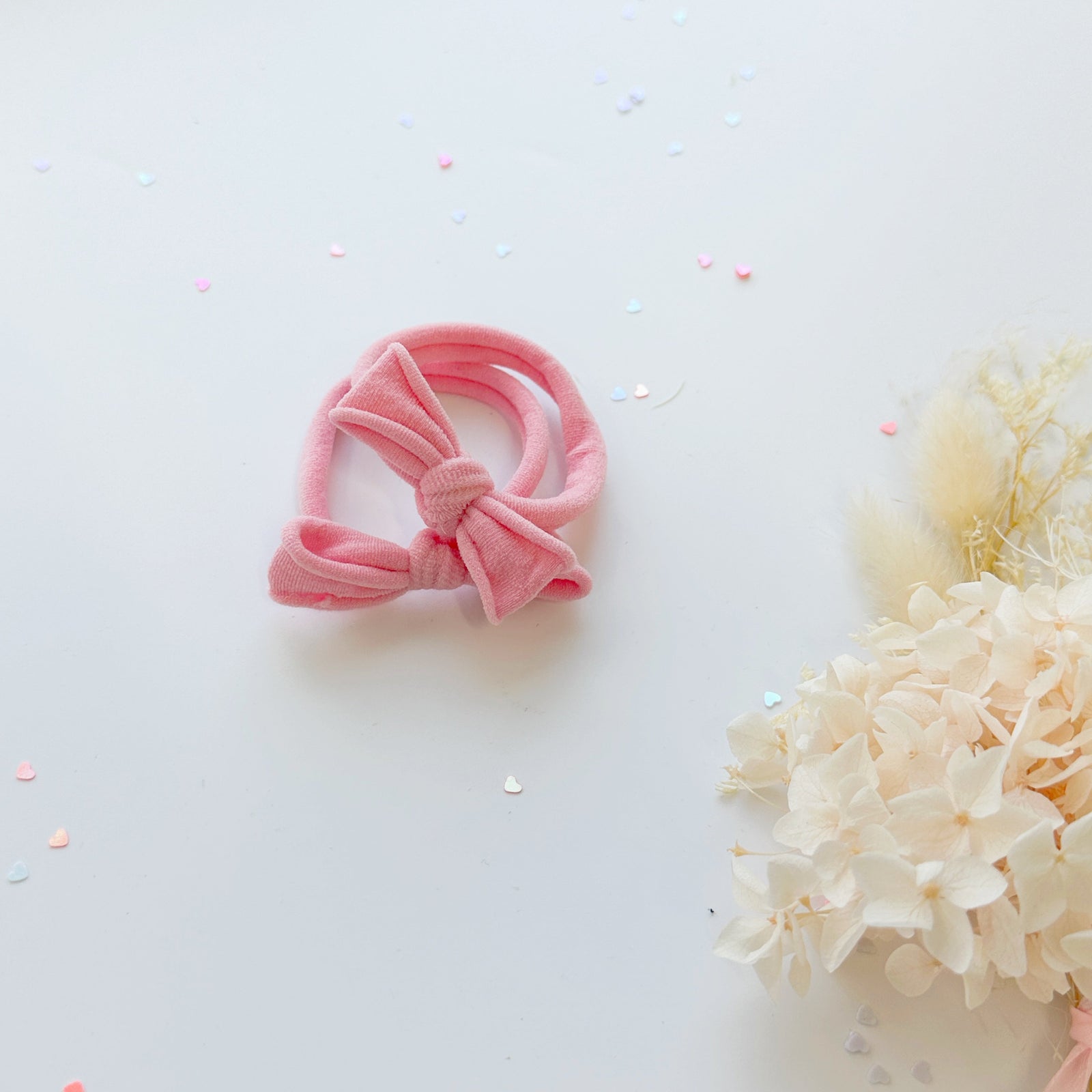 Handmade Simple Bow metal free hair ties -Pink - 1 Pairs - Rose Pink