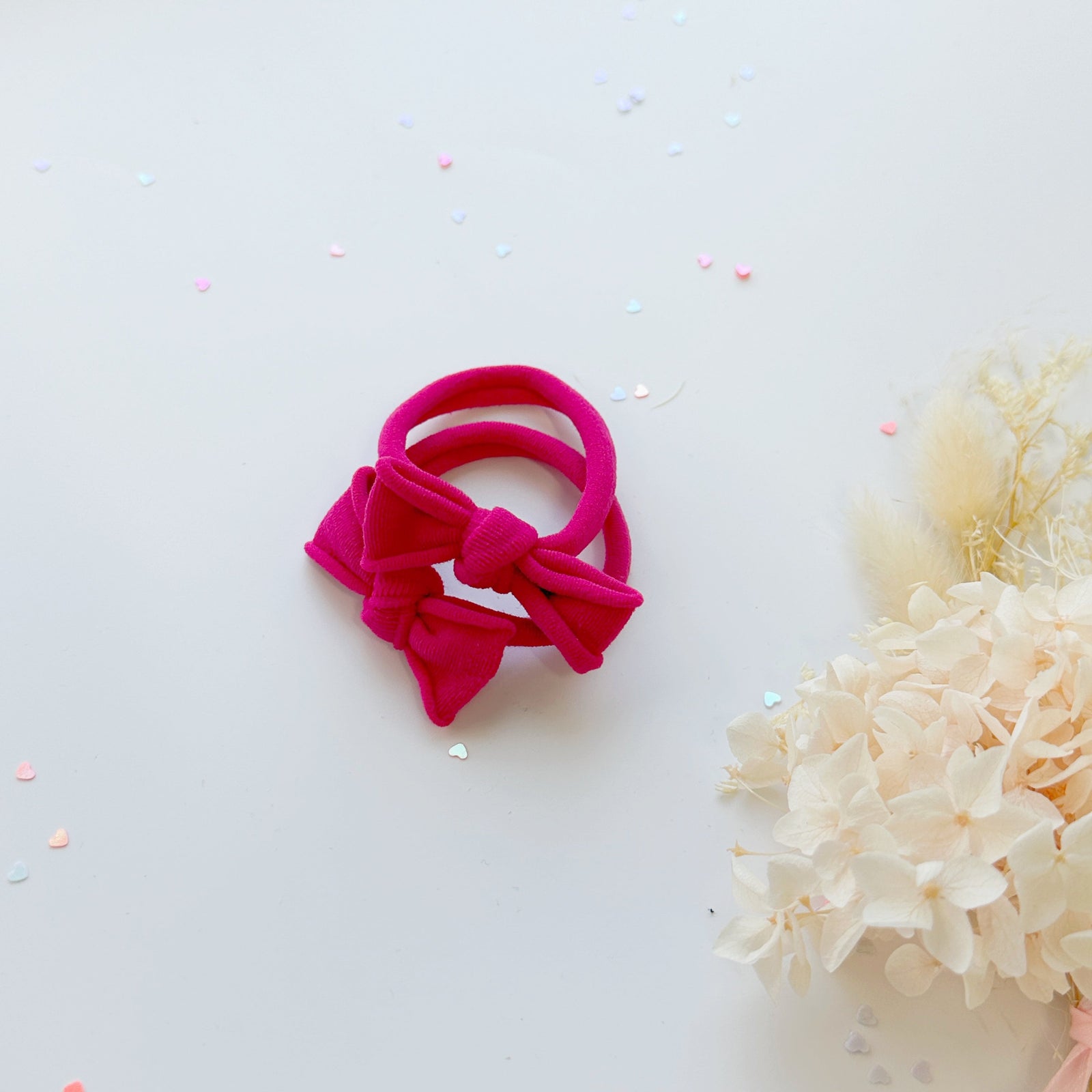 Handmade Simple Bow metal free hair ties -Pink - 1 Pairs - Rose Pink