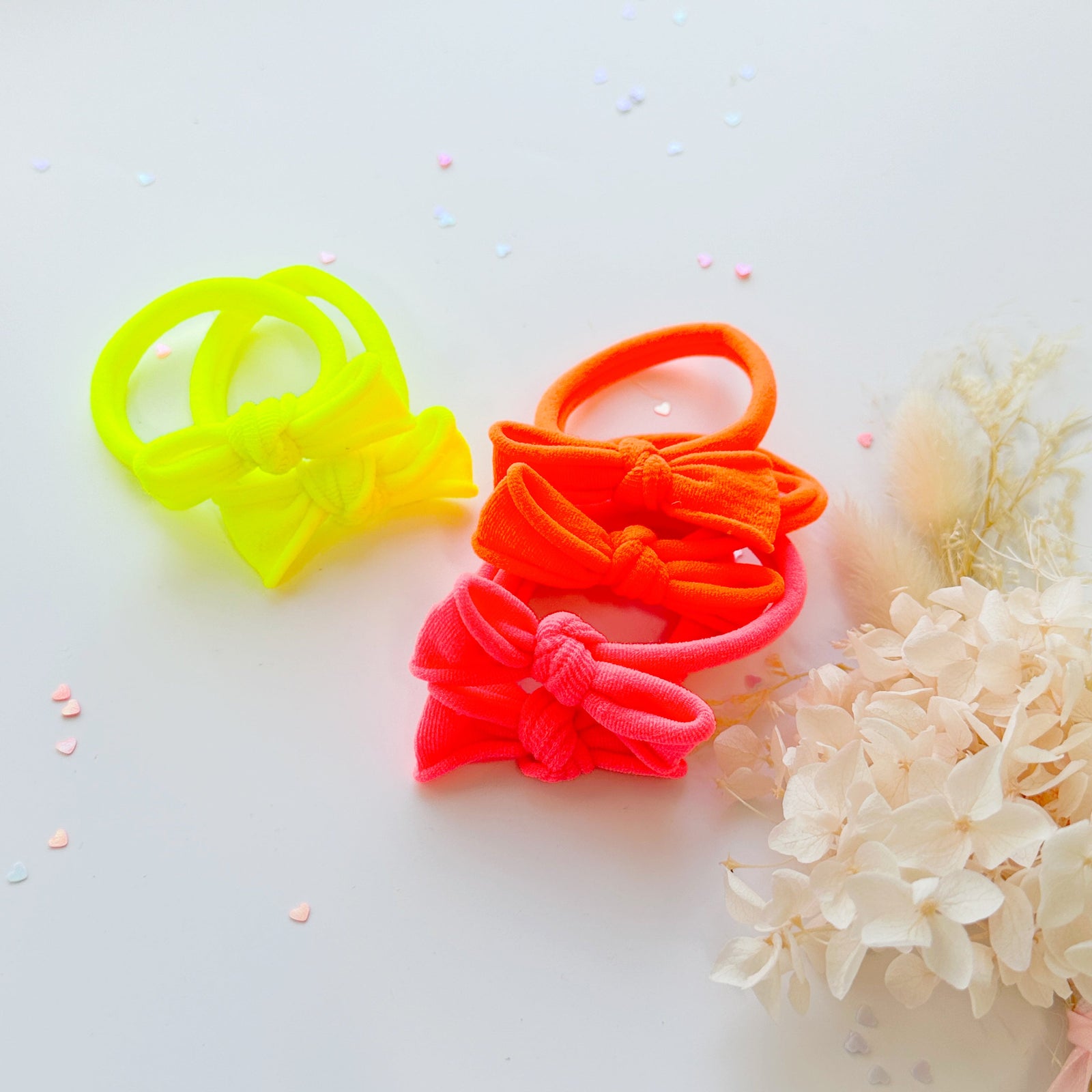 Handmade Simple Bow metal free hair ties - Neon - 3 Pairs Neon colour
