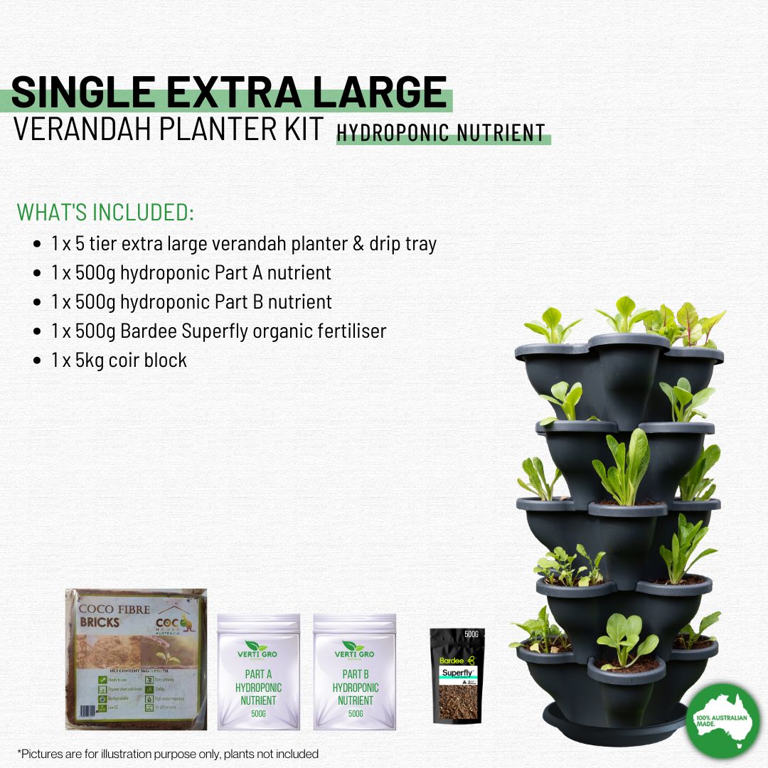 Single 5 Tier Extra Large Verandah Planter Garden Kit (Inc Coir, A &amp; B Nutrient and Bardee Superfly Organic Booster)  - Charcoal