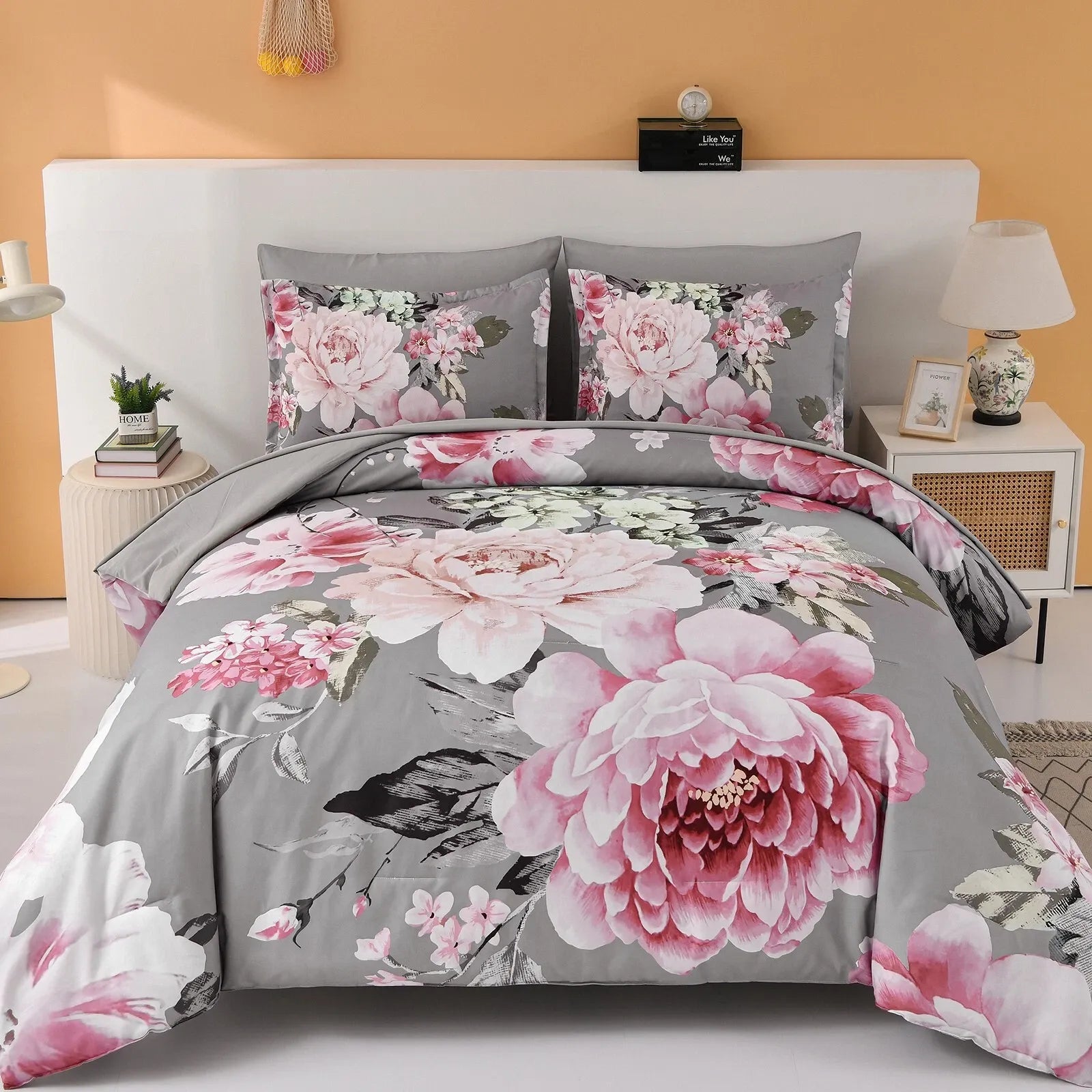 Grey Blush Peony Garden Comforter Quilted Doona Set