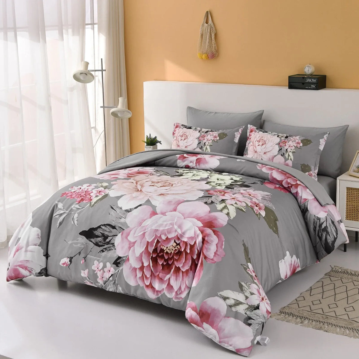 Grey Blush Peony Garden Comforter Quilted Doona Set