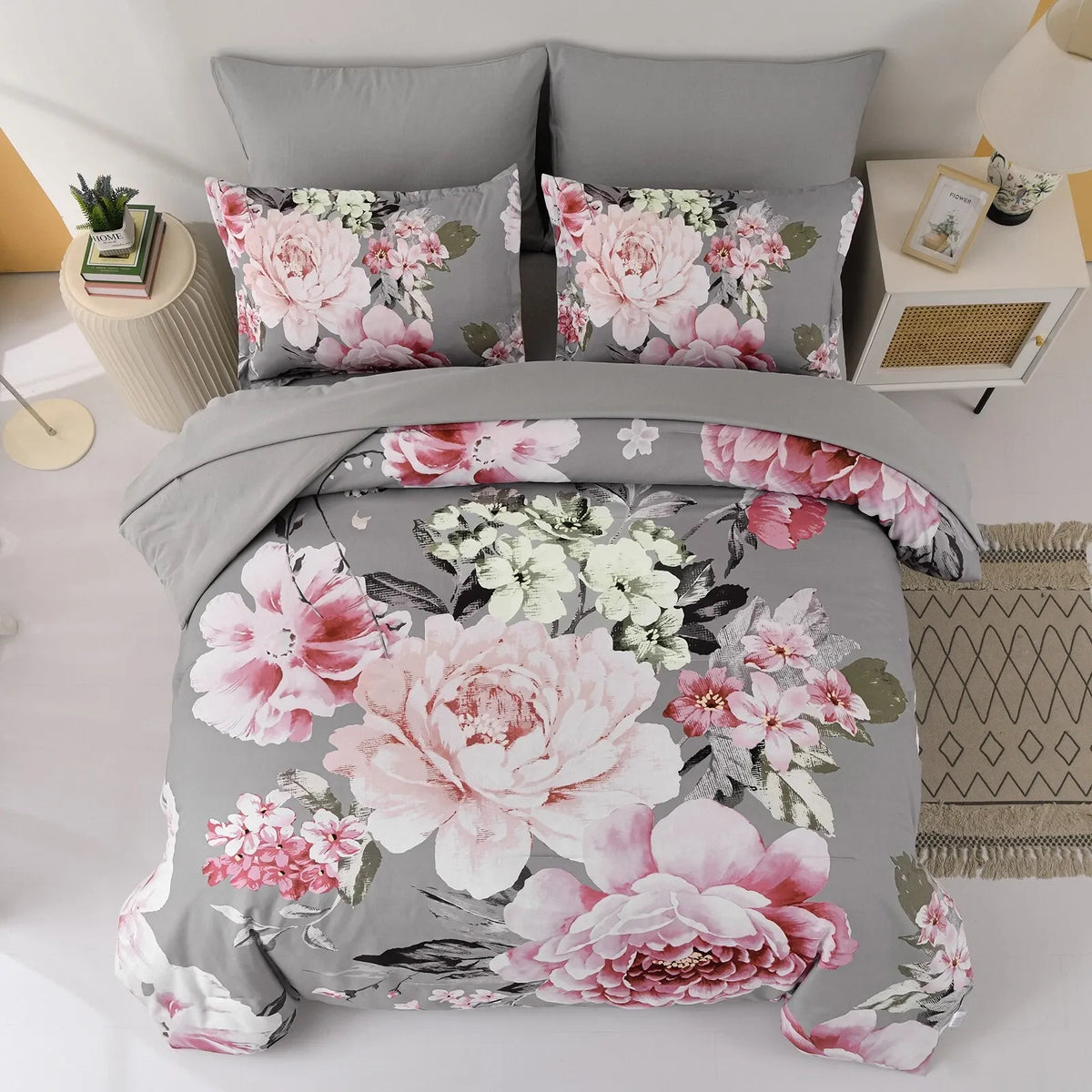 Grey Blush Peony Garden Comforter Quilted Doona Set