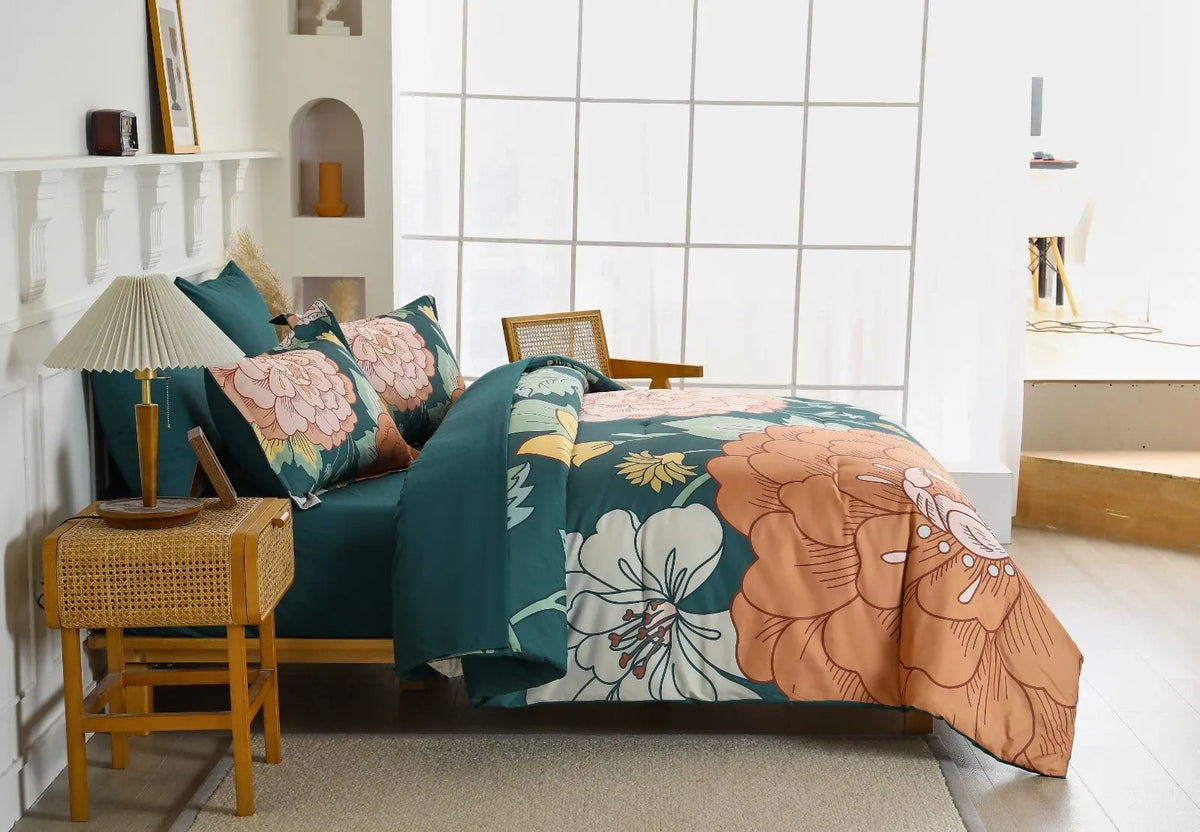 Teal Terracotta Dahlia Bloom Comforter Quilted Doona Set