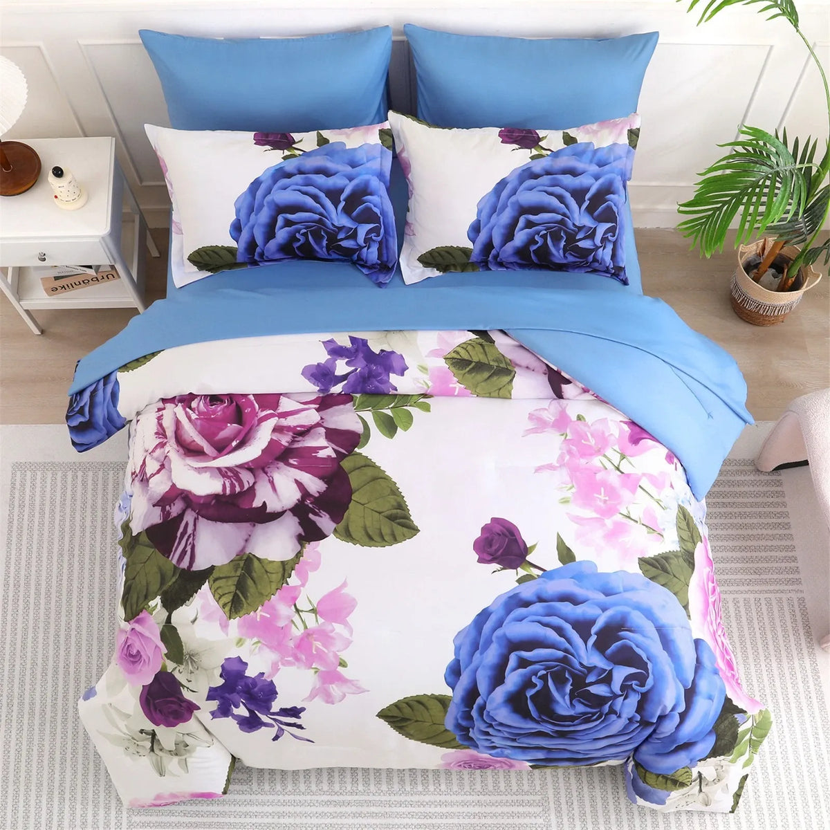 Blue Violet Rose Bloom Comforter Quilted Doona Set