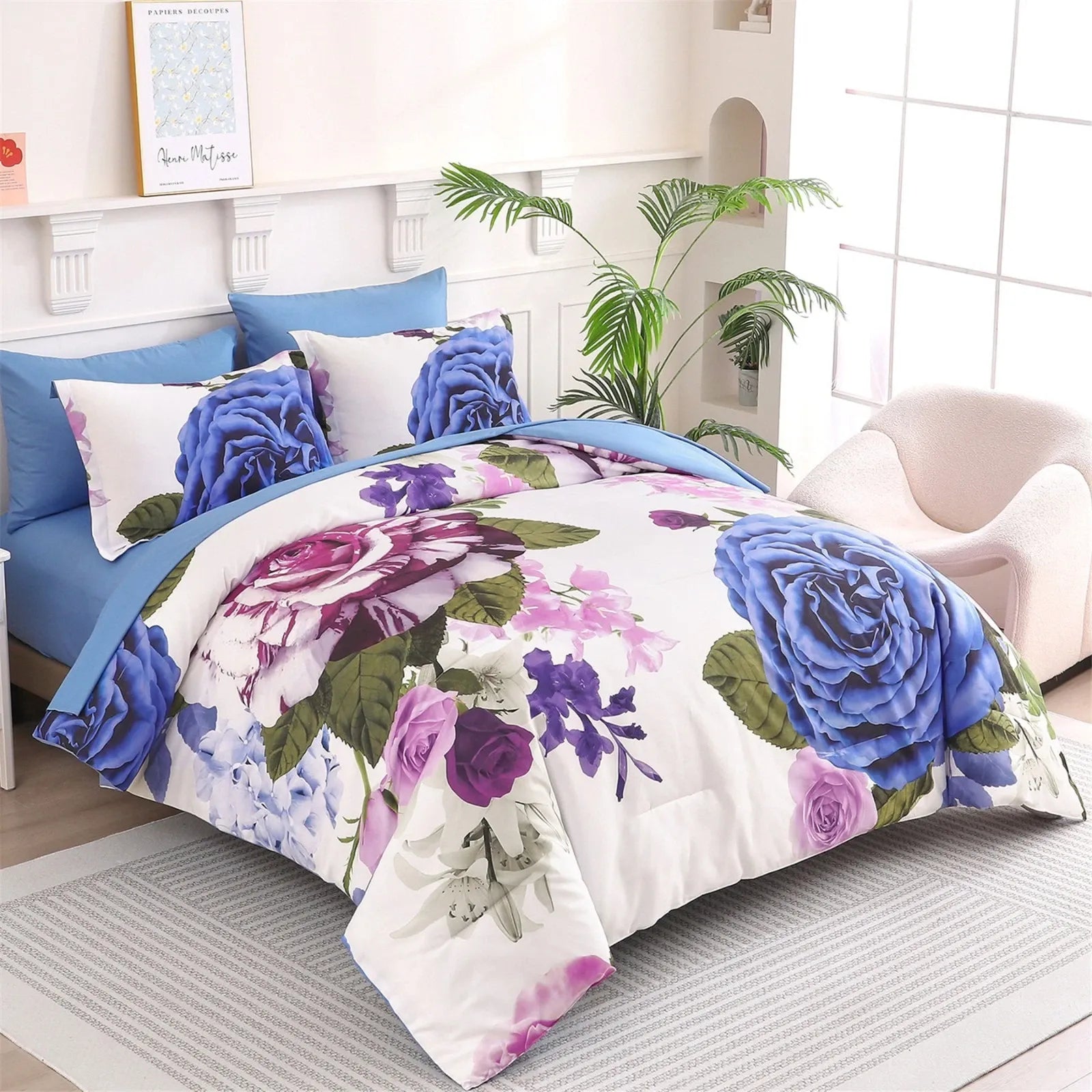 Blue Violet Rose Bloom Comforter Quilted Doona Set