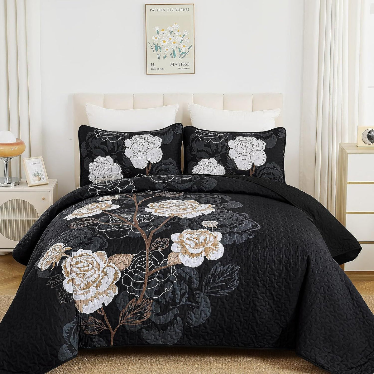 Black Floral Elysian Bedspread Coverlet 3 Piece Set