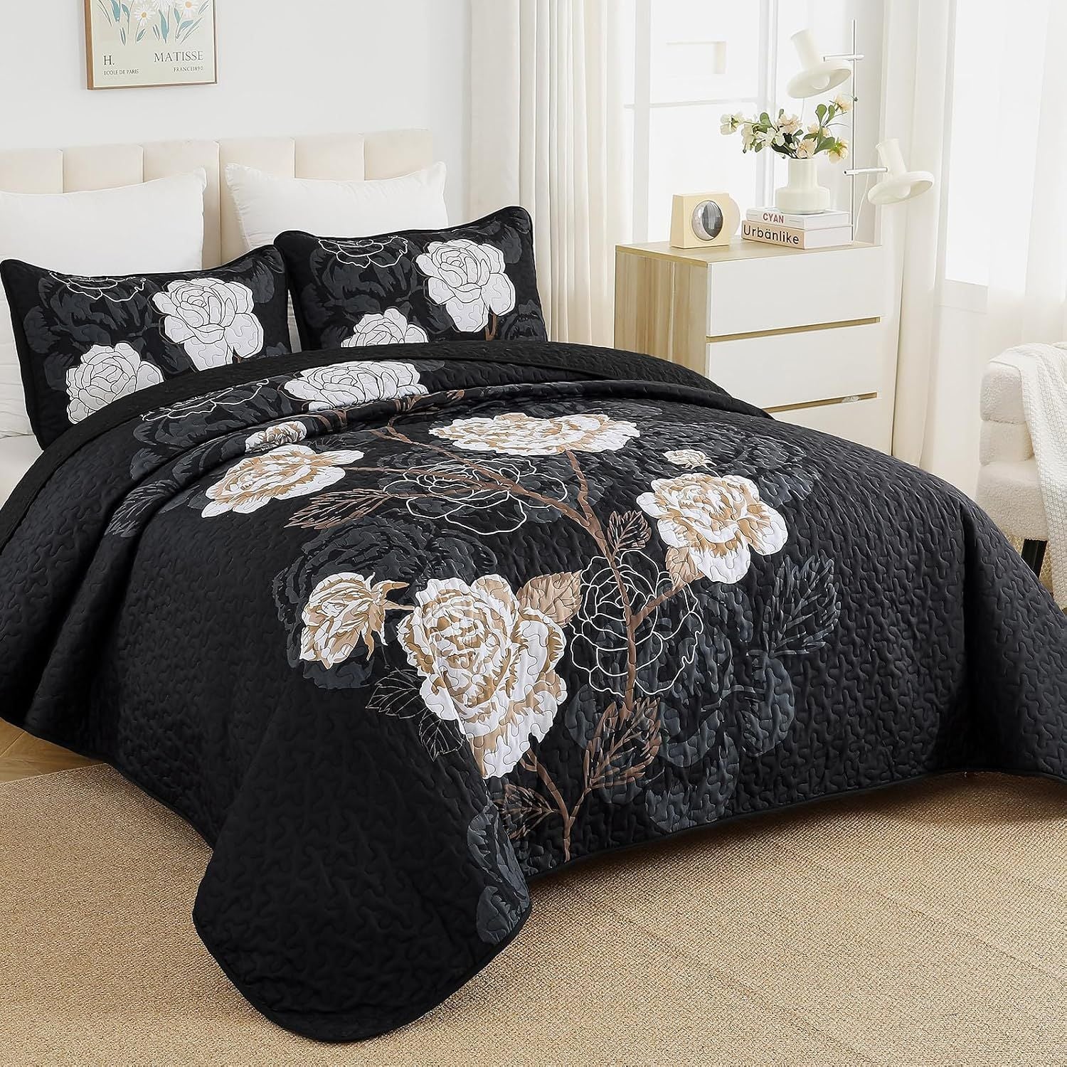 Black Floral Elysian Bedspread Coverlet 3 Piece Set