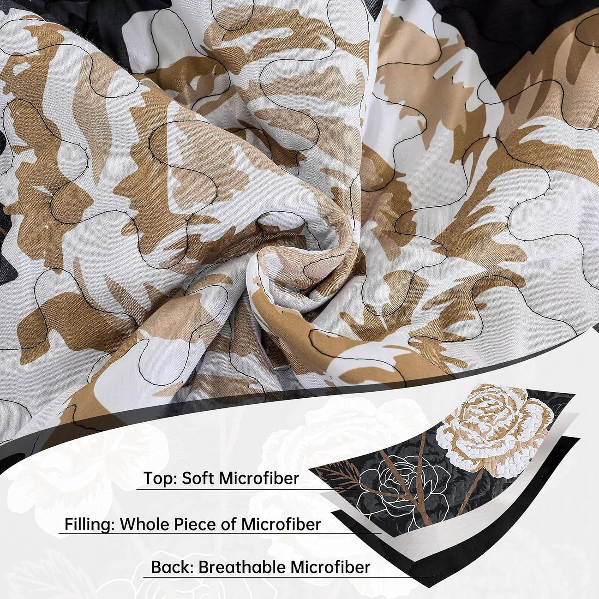 Black Floral Elysian Bedspread Coverlet 3 Piece Set