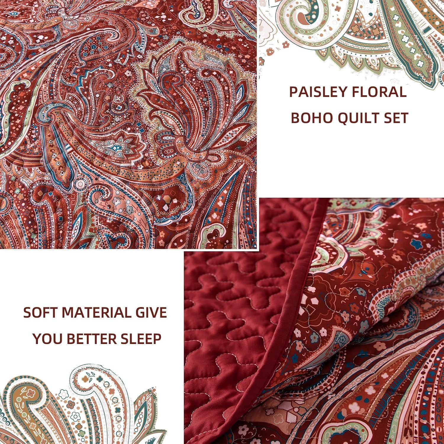 Red Paisley Floral Haven Bedspread Coverlet 3 Piece Set