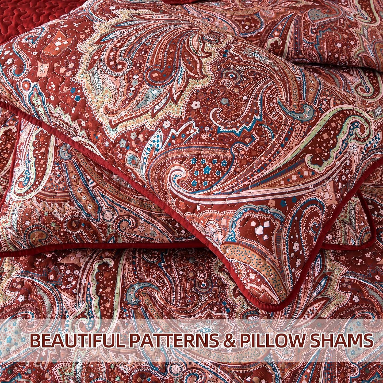 Red Paisley Floral Haven Bedspread Coverlet 3 Piece Set