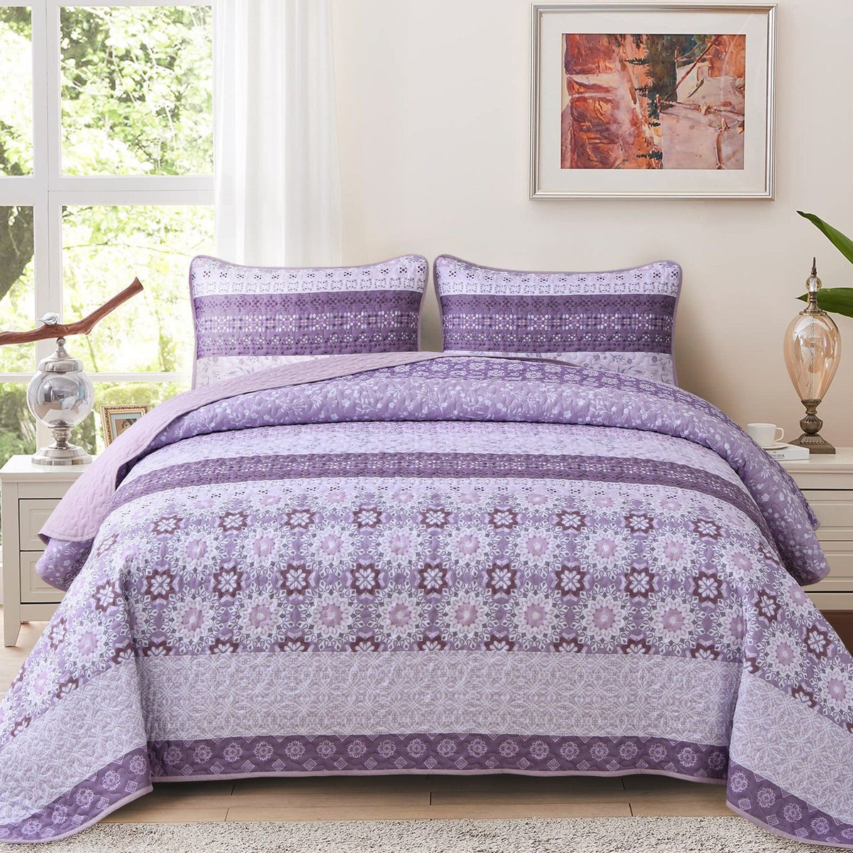 Lavender Boho Royal Stripe Bedspread Coverlet 3 Piece Set