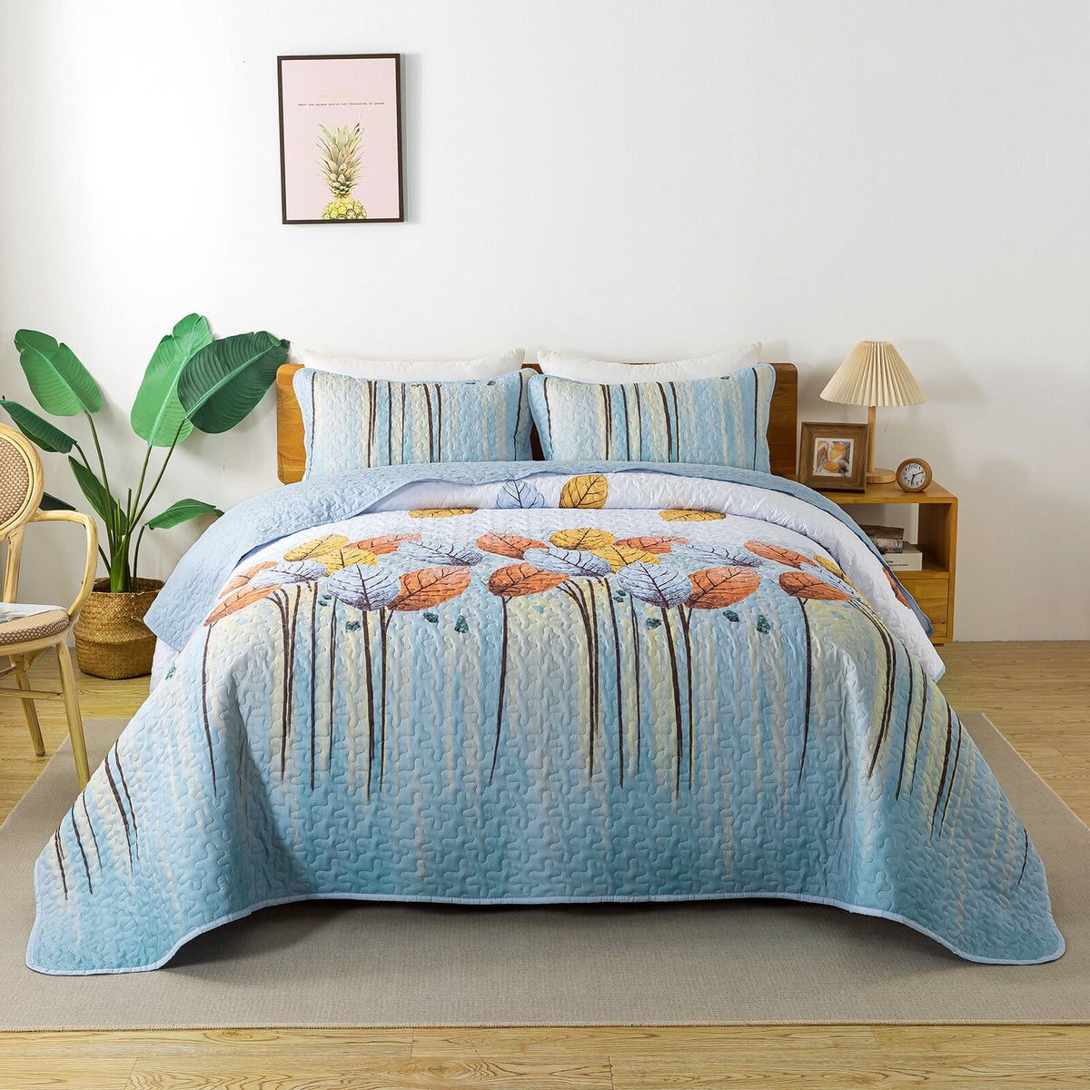 Sky Autumn Leaf Serenity light blue Bedspread Coverlet 3 Piece Set