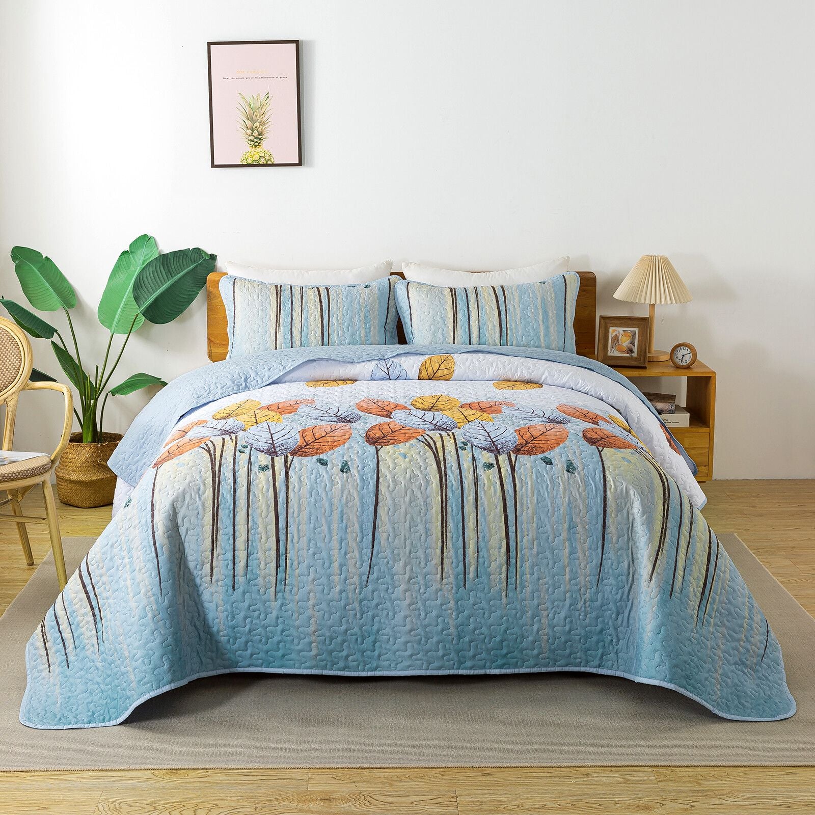 Sky Autumn Leaf Serenity light blue Bedspread Coverlet 3 Piece Set