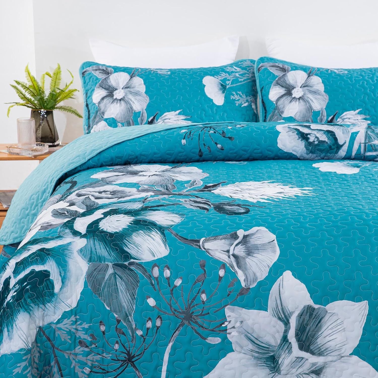 Teal Blue Floral Charm Bedspread Coverlet 3 Piece Set
