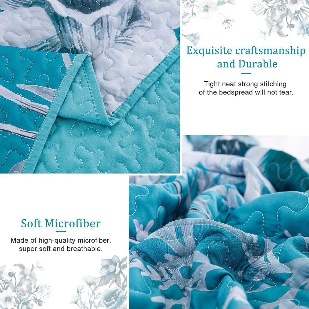 Teal Blue Floral Charm Bedspread Coverlet 3 Piece Set