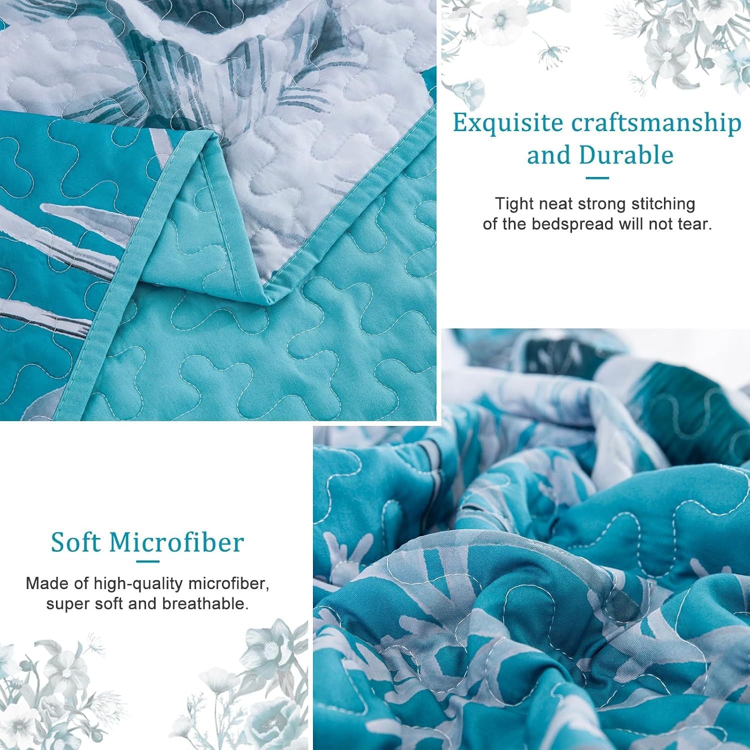 Teal Blue Floral Charm Bedspread Coverlet 3 Piece Set