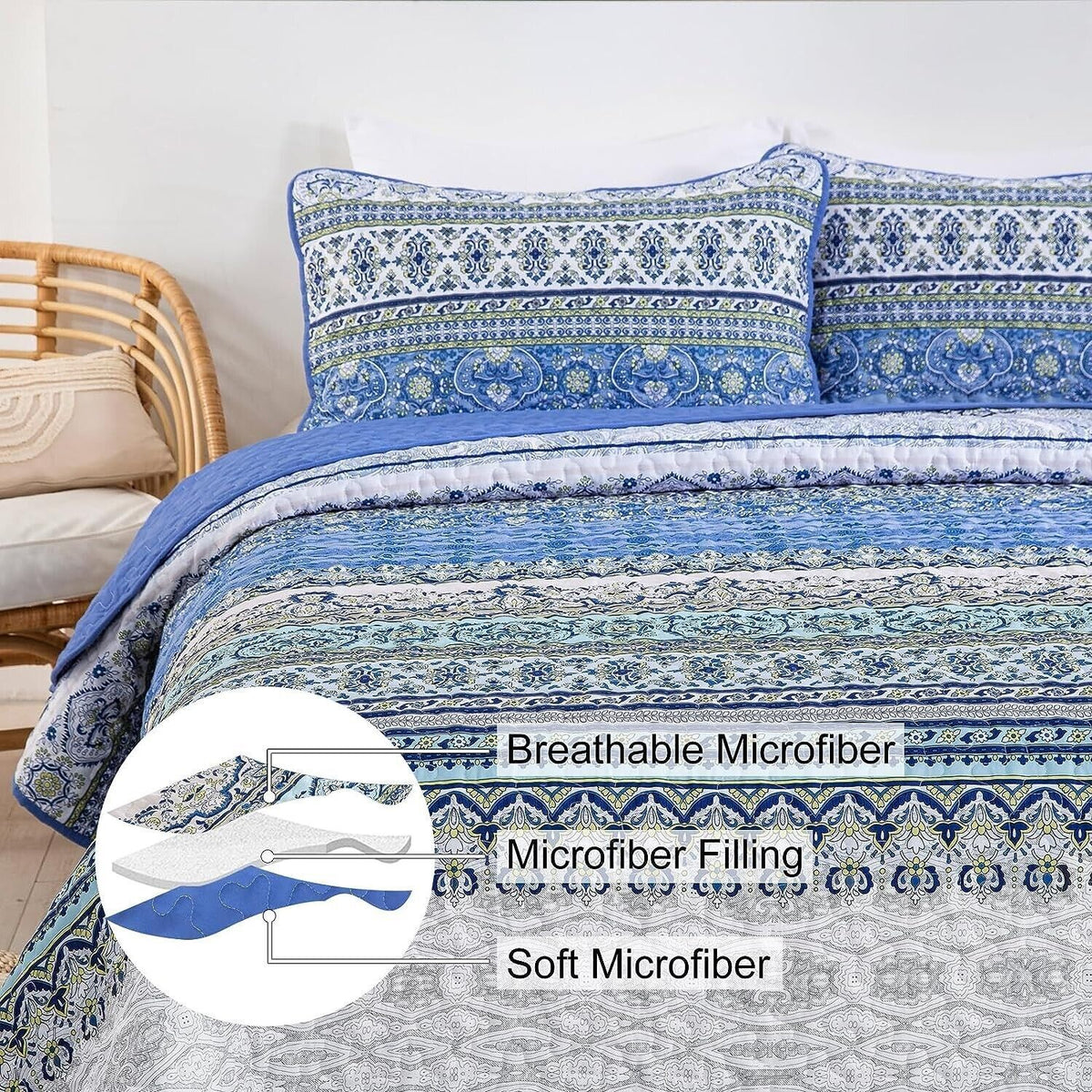 Blue teak Sunrise Floral Lightweight 3 Pc Bedspread & Pillow Cover Set