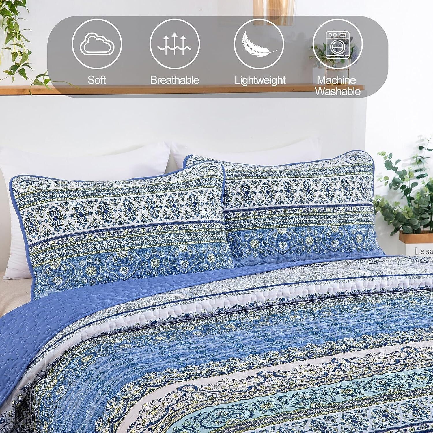 Blue teak Sunrise Floral Lightweight 3 Pc Bedspread & Pillow Cover Set