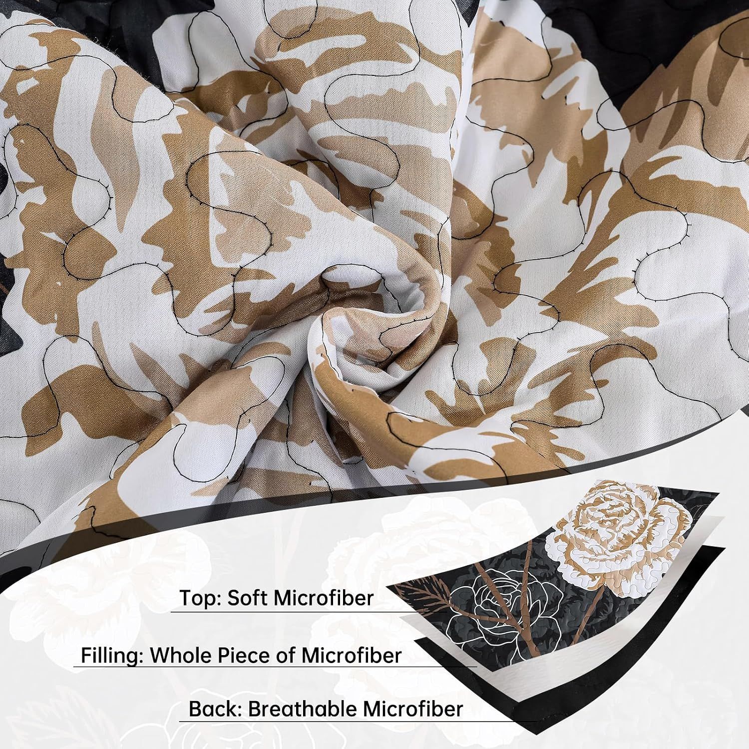 Black Floral Mosaic Bedspread Coverlet 3 Piece Set