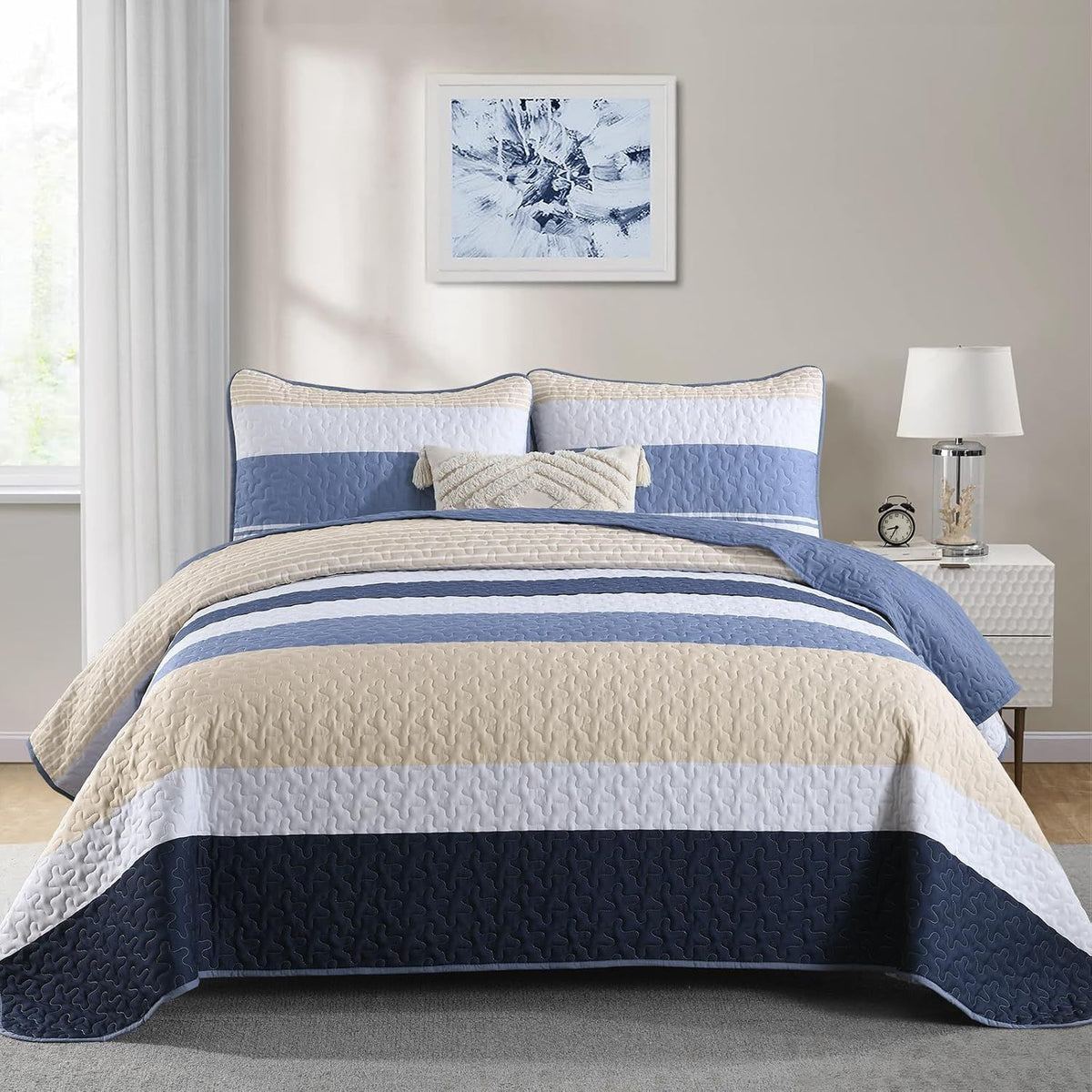 Blue Stripe Patchwork Majesty Bedspread Coverlet 3 Piece Set