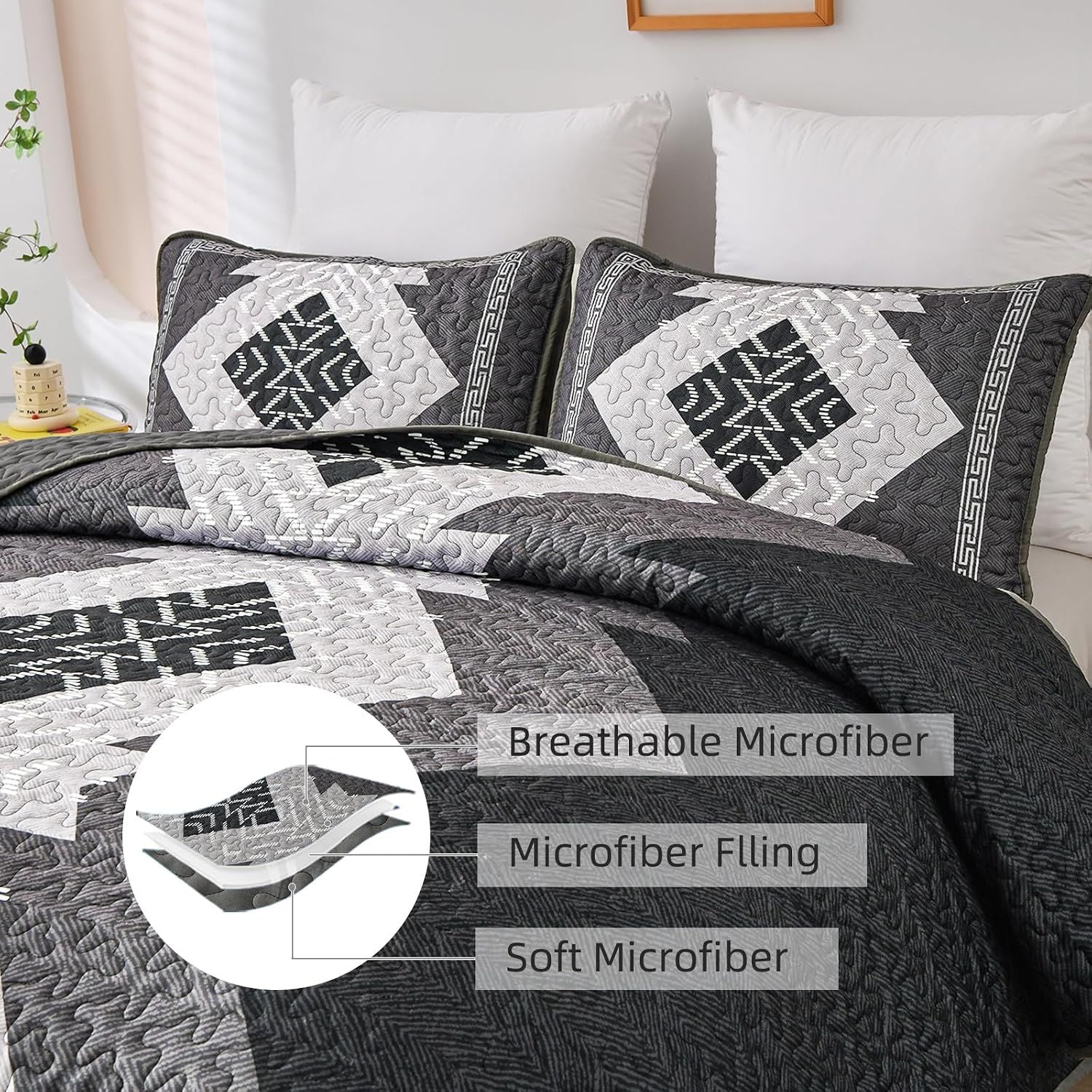 Black Aztec Boho Dream Bedspread Coverlet 3 Piece Set