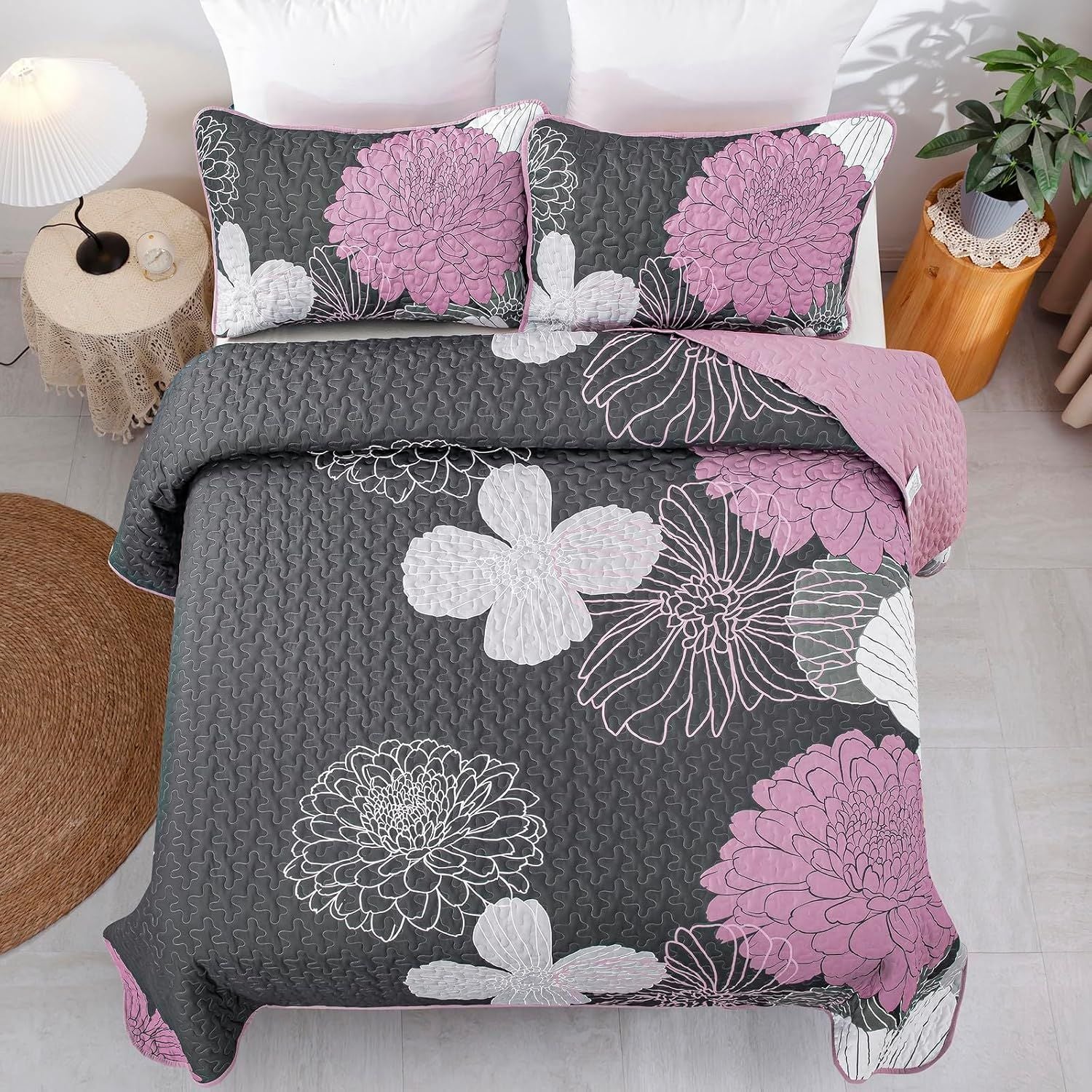 Grey Floral Elysian Bedspread Coverlet 3 Piece Set