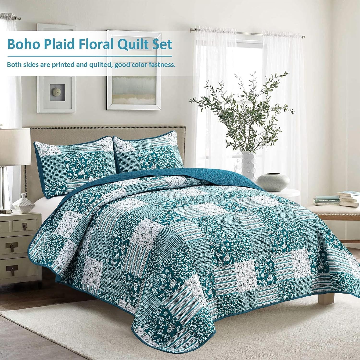 Teal Blue Floral Plaid Majesty Bedspread Coverlet 3 Piece Set