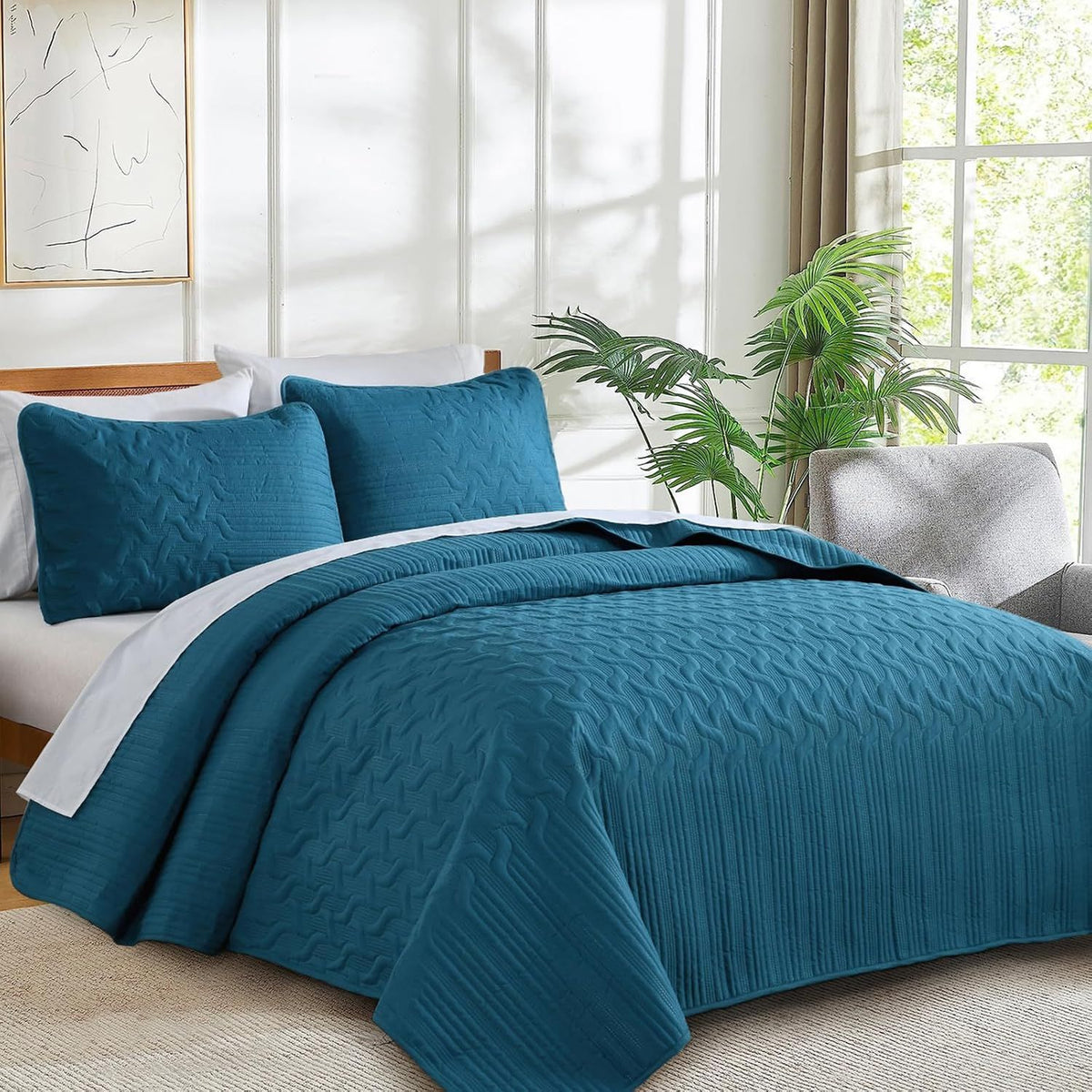 Teal Blue Wave Dream Bedspread Coverlet 3 Piece Set