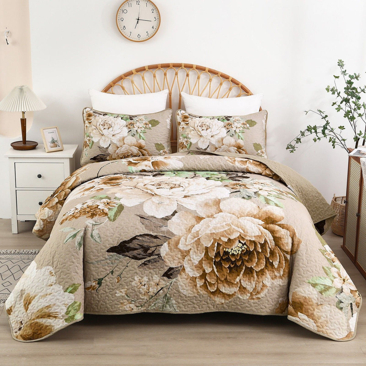 Beige Taupe Grand Floral Bedspread Coverlet 3 Piece Set
