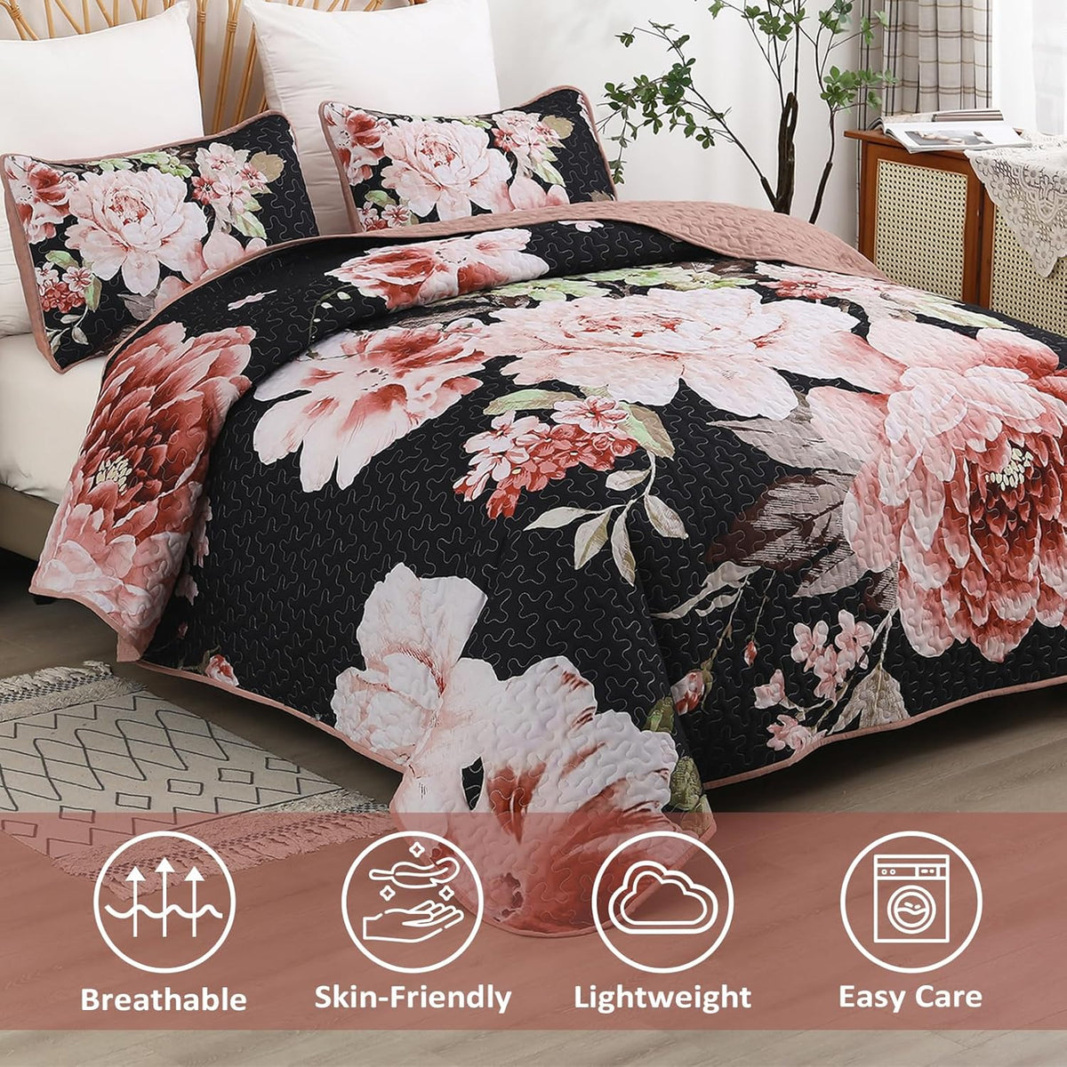 Botanical Evergreen Floral Cozy 3 Pc Bedspread & Pillow Cover Set
