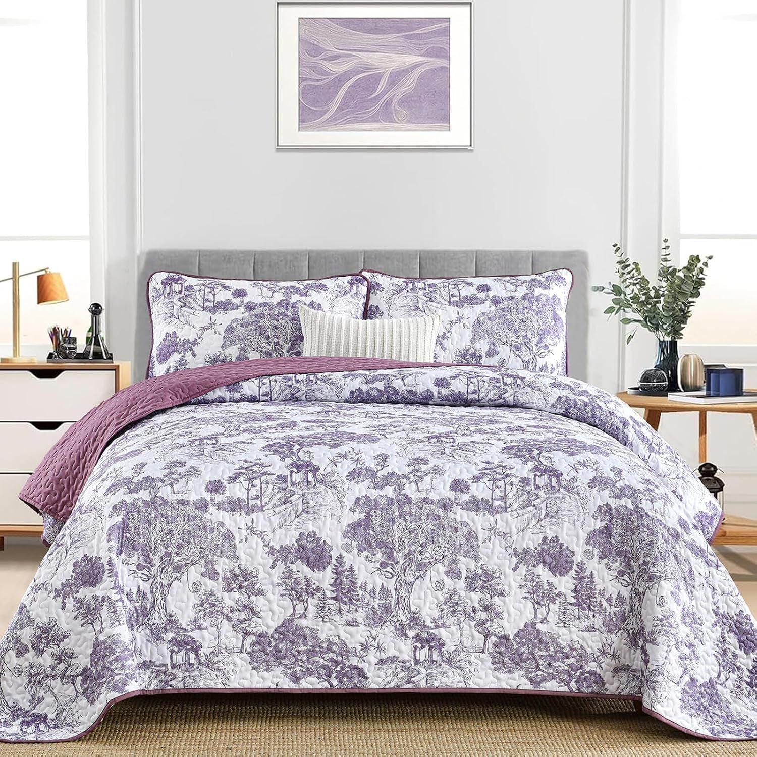 Purple Floral Botanical Meadow Bedspread Coverlet 3 Piece Set
