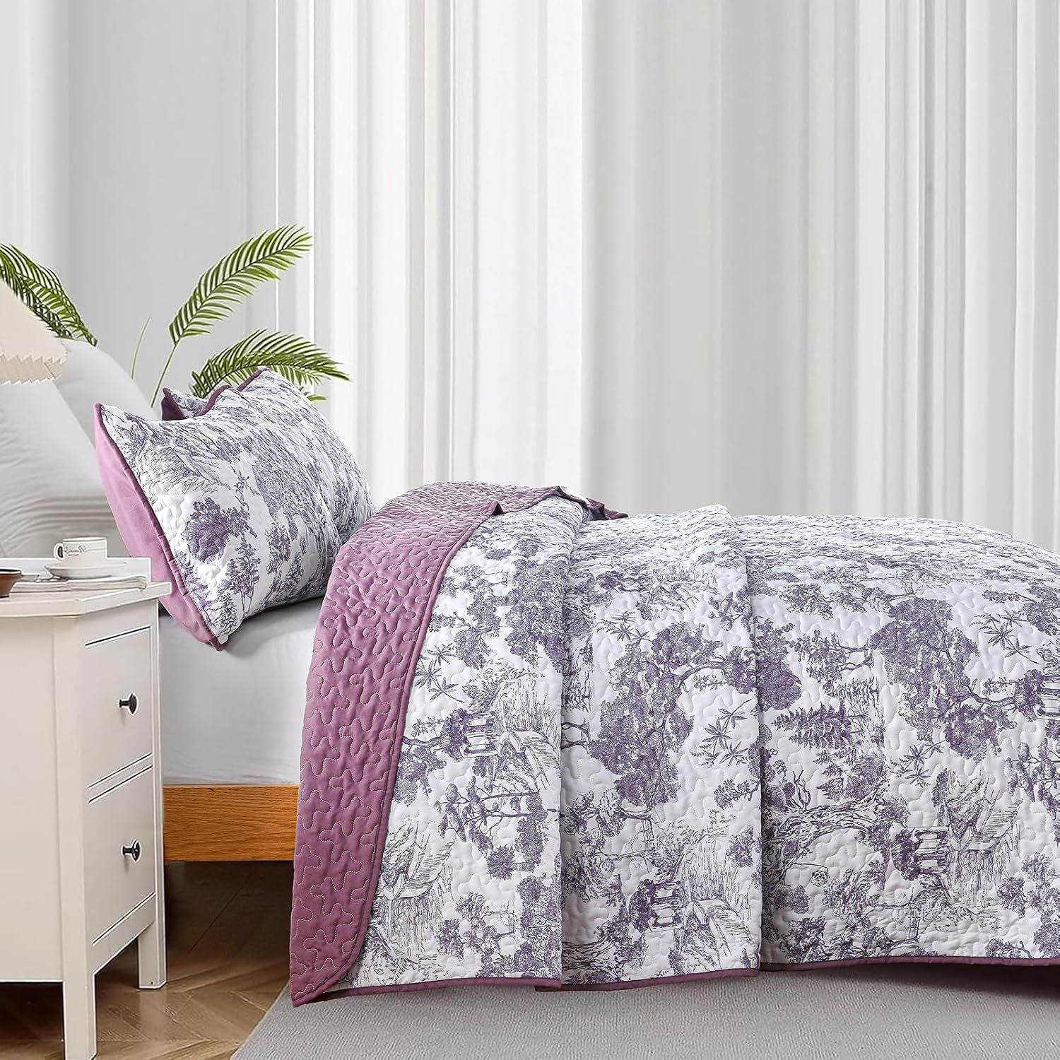 Purple Floral Botanical Meadow Bedspread Coverlet 3 Piece Set