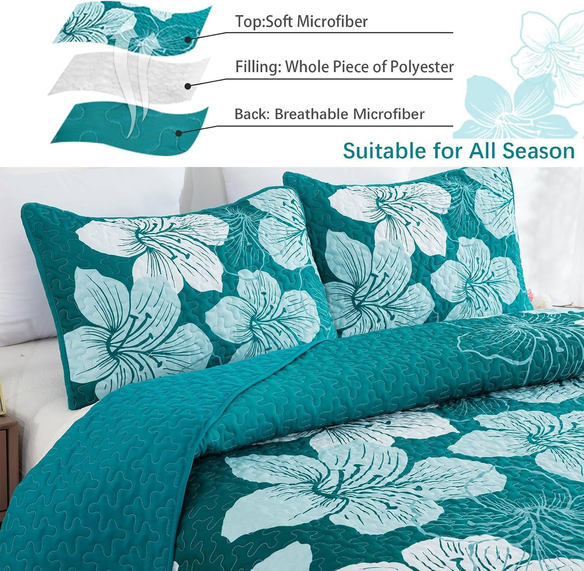 Green Floral Grove Bedspread Coverlet 3 Piece Set